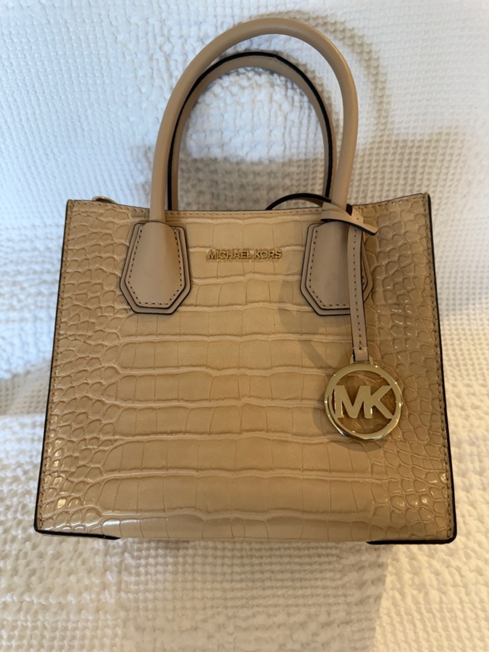 Michael Kors Beige Croc-Embossed Satchel with Gold Charm